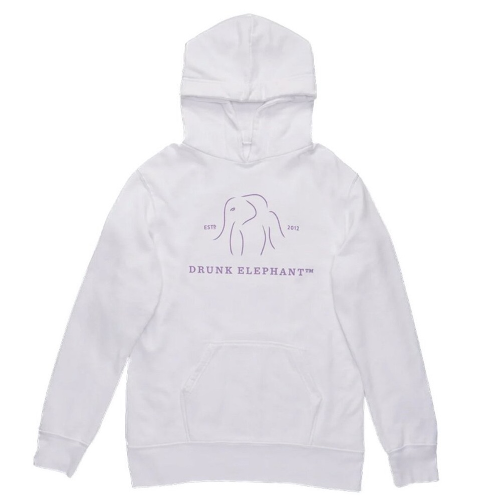 Drunk Elephant White Hoodie with Purple Logo